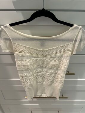 White House Black Market Cream Crochet-Panel Boatneck Top